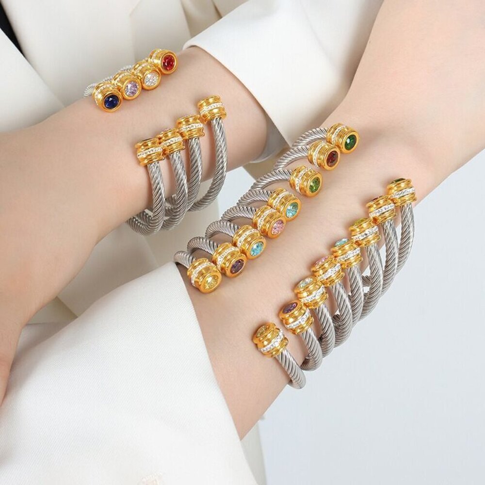 Stainless Steel CZ Stones Cable BRACELET Gold/Silver Twisted Steel